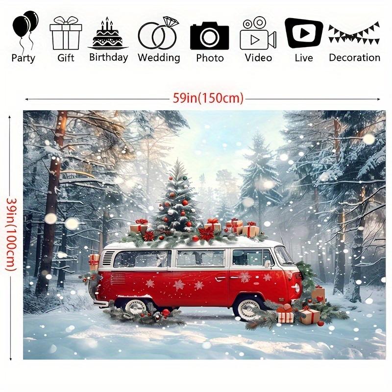 Red retro bus Christmas background winter forest scene and gifts universal holiday party decoration