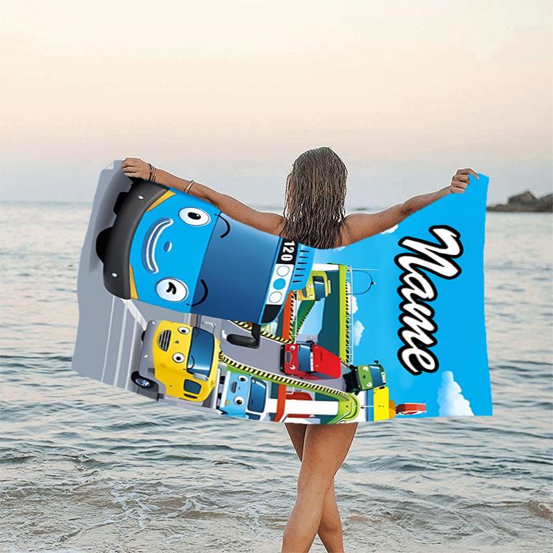 1pc TAYO Bus Beach Towel with Custom Name, Beach/Swimming/Bath/Picnic/Camping Towel, Suitable for Seaside Beaches