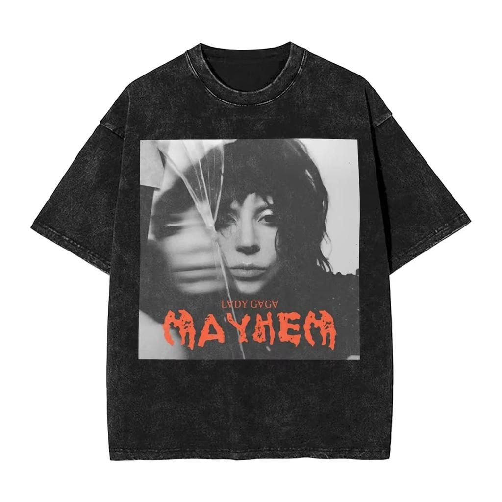 Singer Lady Gagas washed Tshirt a messy hiphop retro streetwear with sleeve prints unisex top