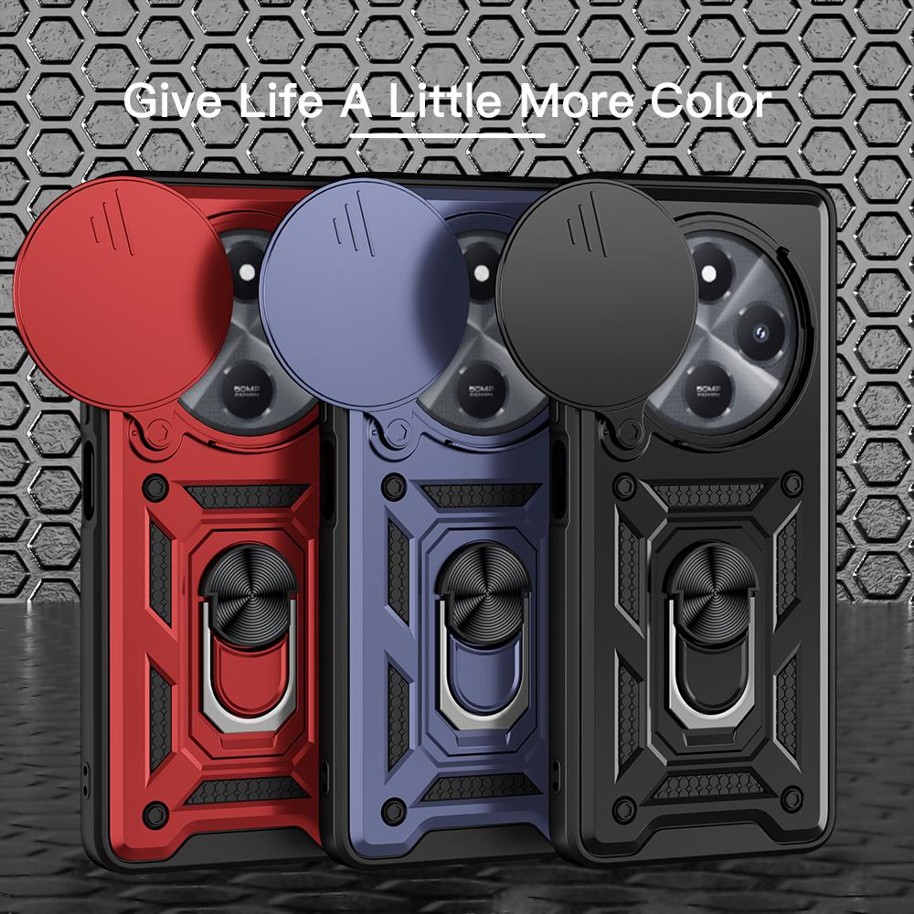 KEYSION Противоударный чехол для Xiaomi Redmi 14C Silicone+PC Slide Camera Lens Protection Ring Stand Phone Cover для Redmi 14C 4G