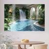 Tropical oasis background fabric, featuring a waterfall pool and lush plants - polyester fiber garden wall decoration