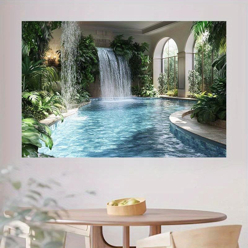 Tropical oasis background fabric, featuring a waterfall pool and lush plants - polyester fiber garden wall decoration