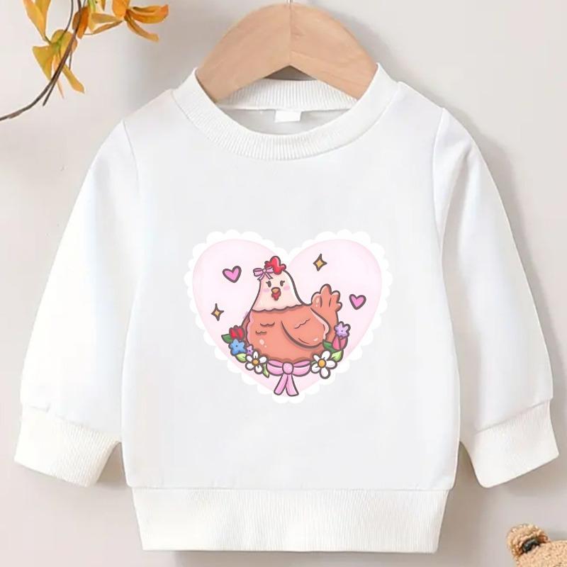 Kids Crewneck Sweatshirt, Cute Cartoon Hen in Heart Wreath Print, Soft Tone Thin Spring Top, Outdoor Baby Outfit