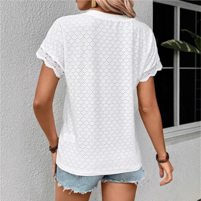 Ladies Summer V Neck Lace Short Sleeve Solid Color Pullover T Shirt Top