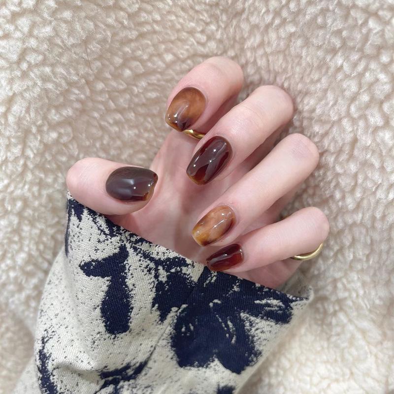 Brown Ombre Marble Press-On Nails - Short Autumn/Winter Style