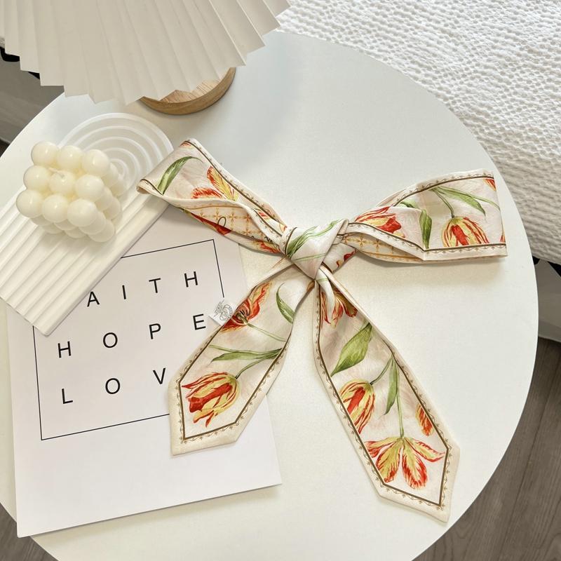 High-Grade Flower Print Long Silk Scarf Hair Band Ribbon Tied-up Hair Long Bow Vintage Satin Ribbon Hair Accessories For Women