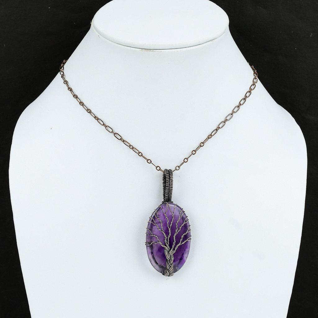 Древо жизни Звезда Аметист Подвеска Медная проволока Обернутая подвеска Драгоценный камень Подарок для матери Изумительный кулон ручной работы Медная проволока Ювелирные изделия