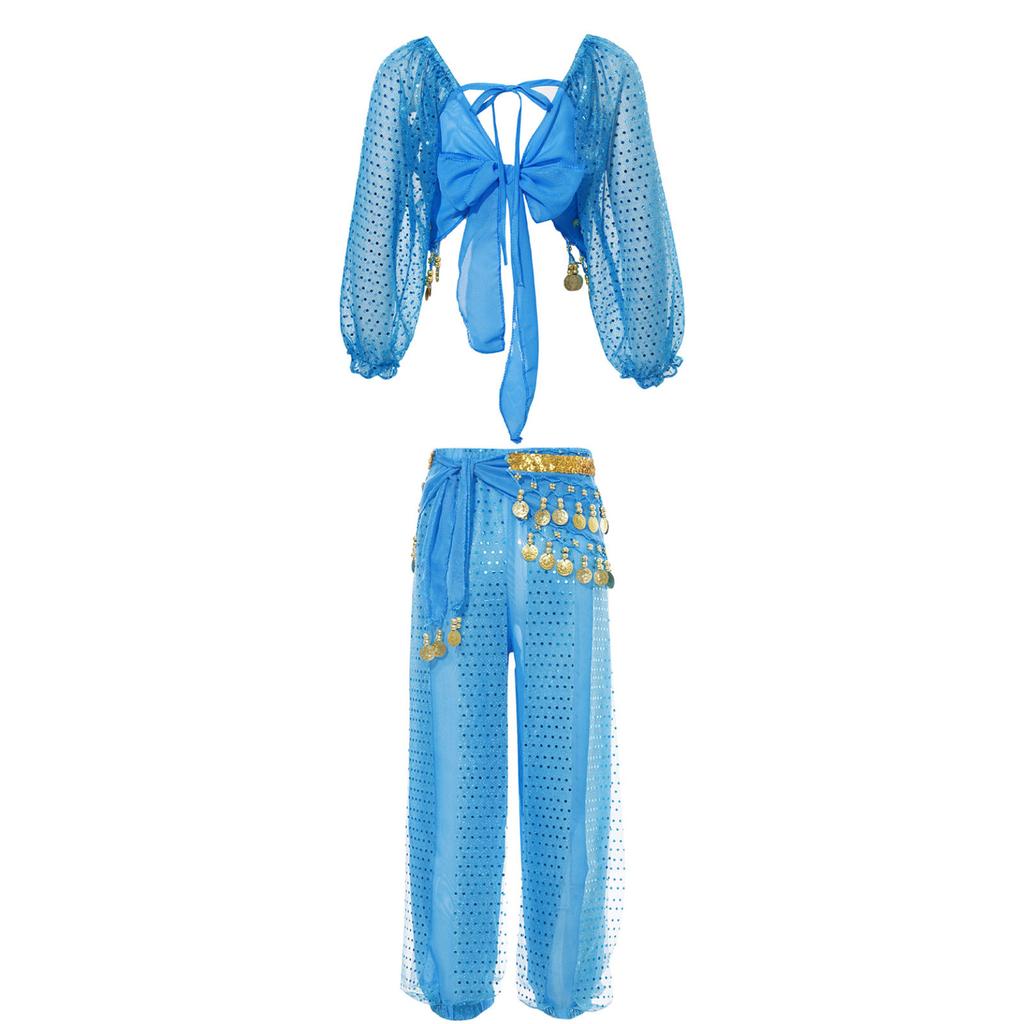 Детский наряд для выступления для танца живота для девочек, укороченный топ с блестками и завязками на спине, длинными рукавами и неровным подолом и брюки, набедренный шарф