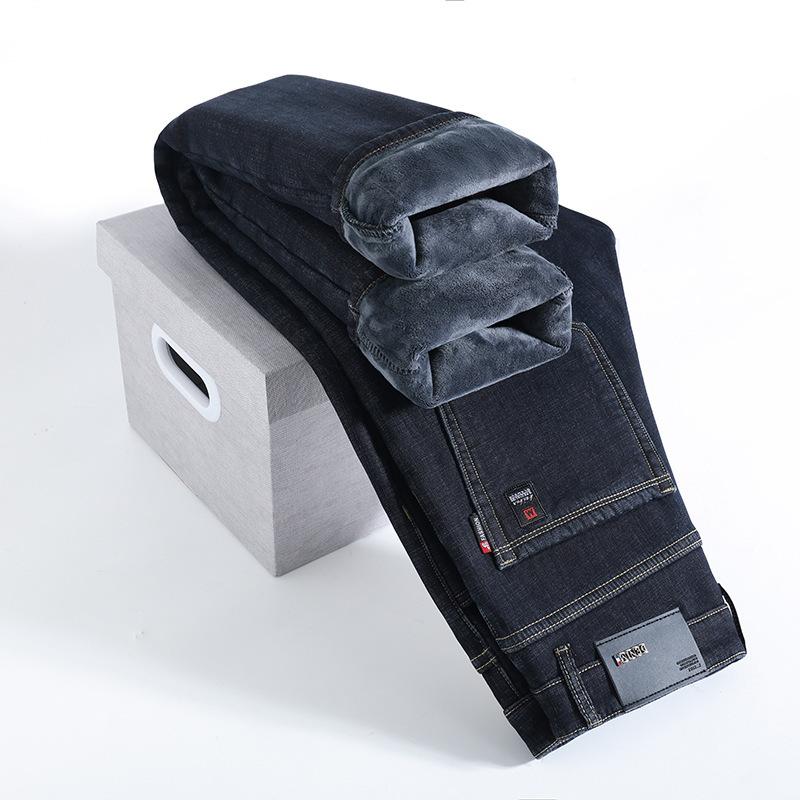 Весенне-осенние джинсы прямые свободные флисовые утепленные теплые деловые эластичные повседневные брюки