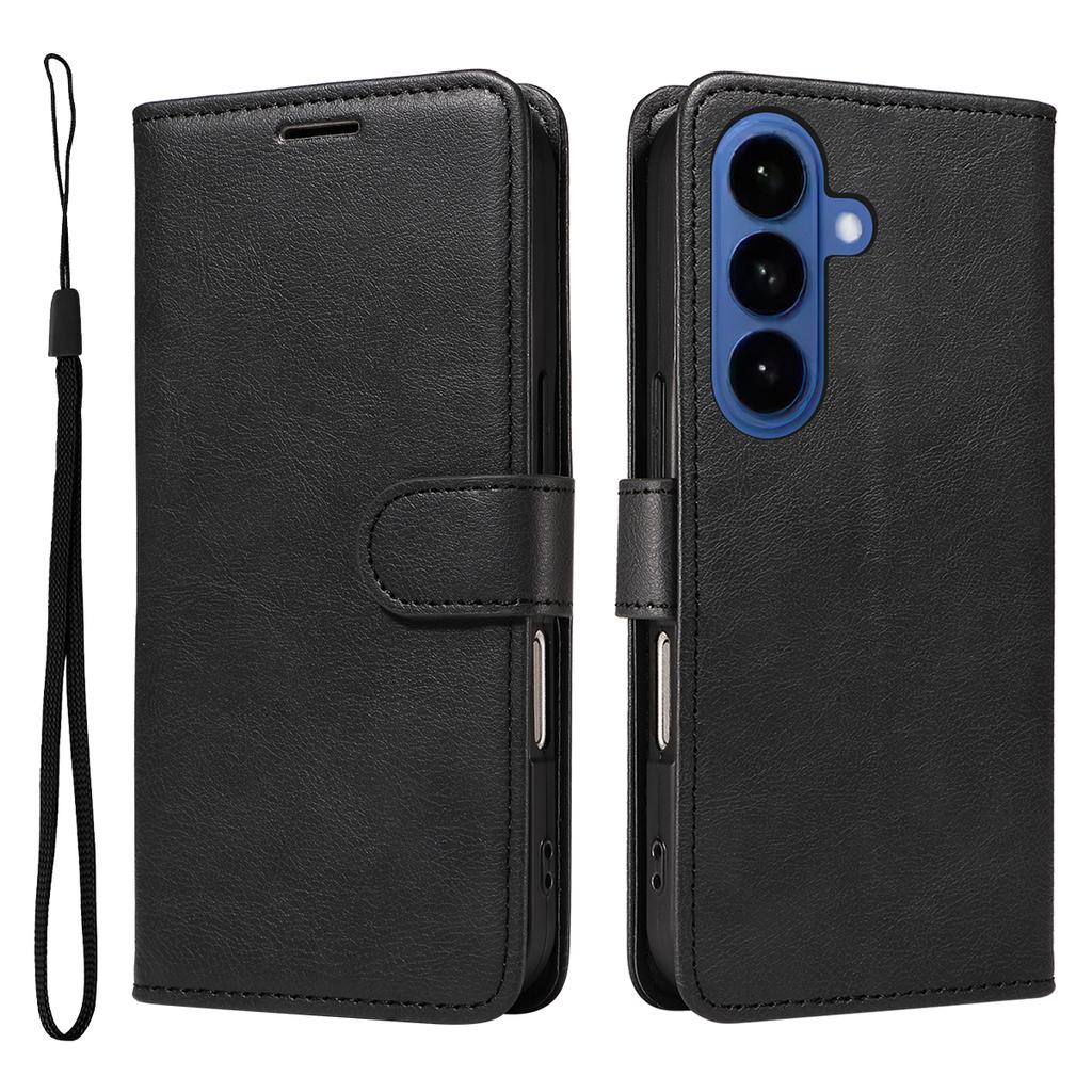 For Samsung Galaxy S26/S26 Pro Leather Wallet Case with Strap Solid Color Phone Stand Cover