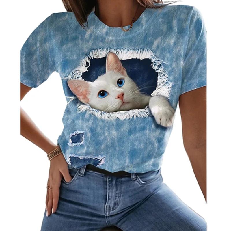 2024 Летние женские футболки с принтом 3D Cat, черные модные женские футболки с короткими рукавами Kawaii, женские летние топы оверсайз