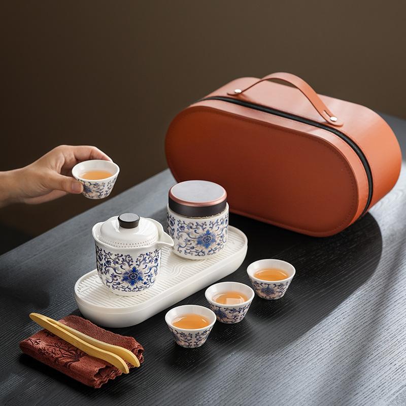 Suet jade travel kung fu tea set Tianxiang peony outdoor set business trip teapot opening commemorative gift
