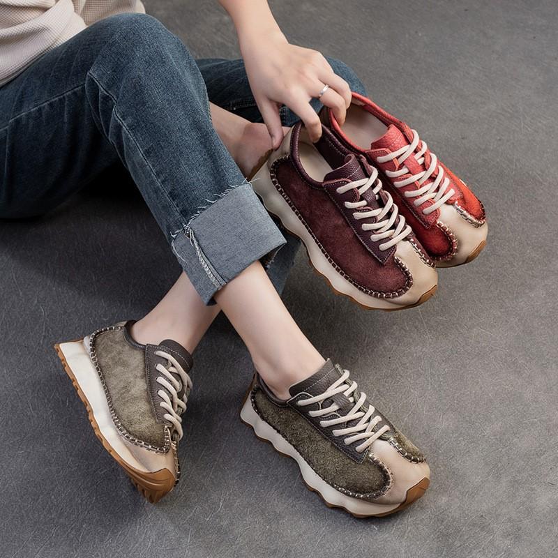 Johnature Retro yumaloq burunli haqiqiy charm krossovkalar ayollar poyafzali kundalik va ko'p qirrali yumshoq taglikli sport poyafzali