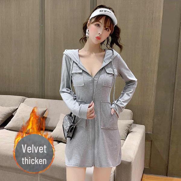 Plush Long-Sleeve Zippered Hoodie Dress - European and American Autumn/Winter Style for Women