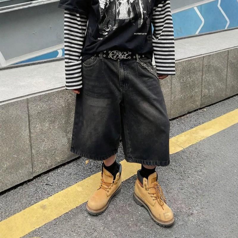 Retro Washed Loose Straight Cut Denim Capri Pants Men Women High-Waisted Casual Cotton Jeans