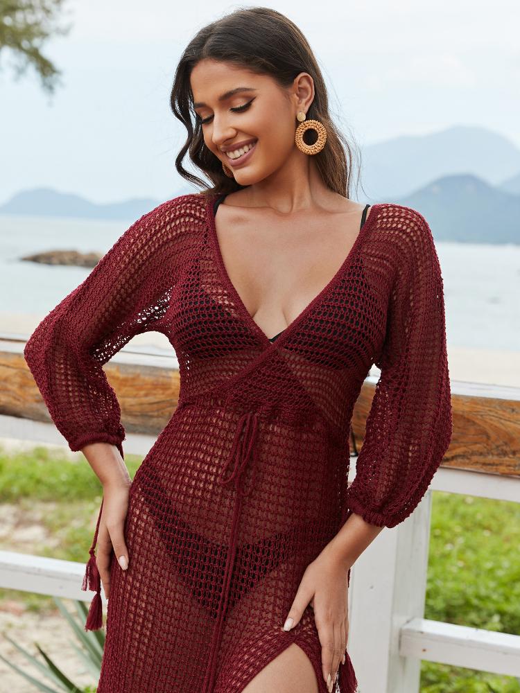 Сексуальное прозрачное сетчатое бикини с длинными рукавами, белая туника, женская пляжная одежда, купальный костюм, летнее пляжное платье D12