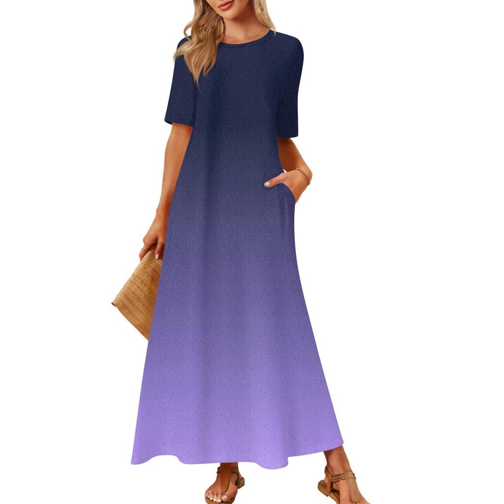 Women's Fashionable And Casual Long Beach Skirt Round Neck Short Sleeved Loose Retro Print Dress