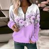 Цветочный принт, V-образный вырез, молния, декор, пуловер с длинными рукавами, мягкая повседневная толстая эластичная манжета, женский топ, блузка
