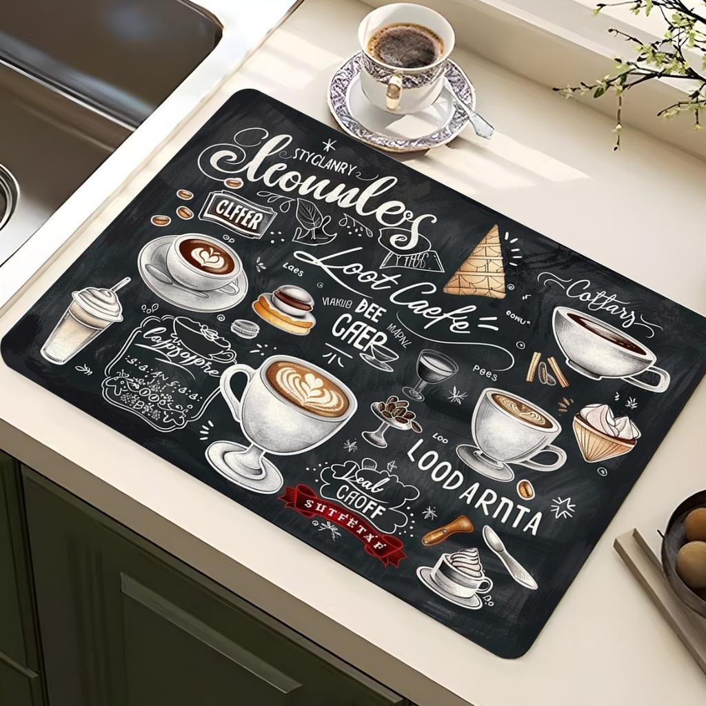 Классический кофейный дизайн Коврик для сушки посуды Мягкая резина Нескользящий Впитывающий Полиэстер Устойчивый к пятнам Для кухни Кофейный бар Столешница