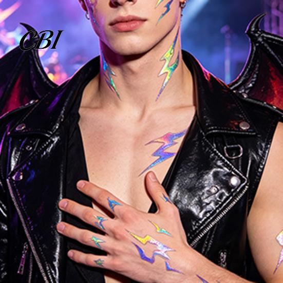 Temporary Body Art Decals 5 Sheets Holographic Lightning Tattoos, Waterproof Flash Tattoo Stickers Stickers, Full Color for Festival Party Easy Apply