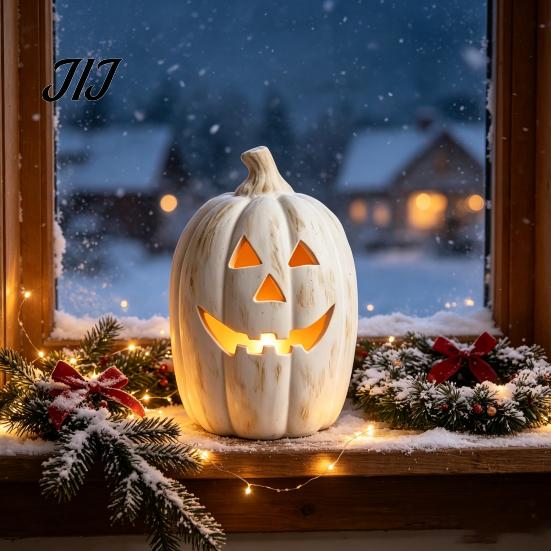 Outdoor Porch Autumn Decor Halloween Pumpkin Candle Holder, Resin Lantern Tealight Holder with Fall Home Carved Face for Farmhouse Table Mantle