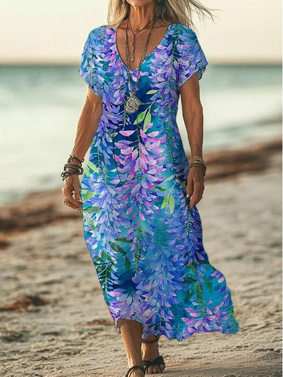 Bohemian Retro Print Raglan Sleeve Summer Maxi Dress