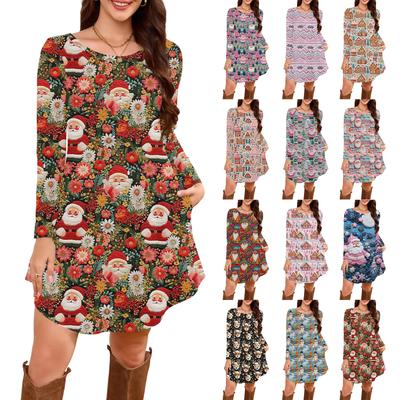 Женское платье-футболка с длинным рукавом, круглым вырезом, длиной до колена, свободного кроя, повседневное и с карманами