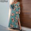 Women's Fashion Spring Fall Flower Pattern Print Long Sleeve V-Neck High Waist Casual Dresses