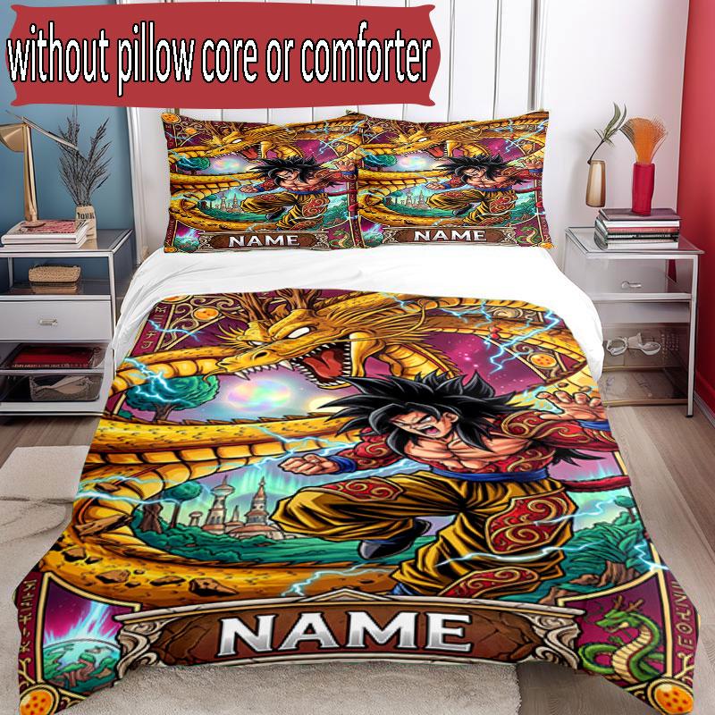 3pcs Duvet Cover Set (1*Duvet Cover + 2*Pillowcase, Without Core), Custom Name Dragon Ball Z Pattern Bedding Set, Home Bedroom Decor Gift