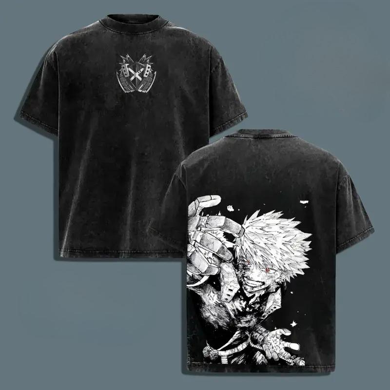 Anime My Hero Academia Katsuki Bakugo Print T-shirt Men Women Short Sleeve Clothing Cotton Tshirt Retro Washed T Shirt Manga Top