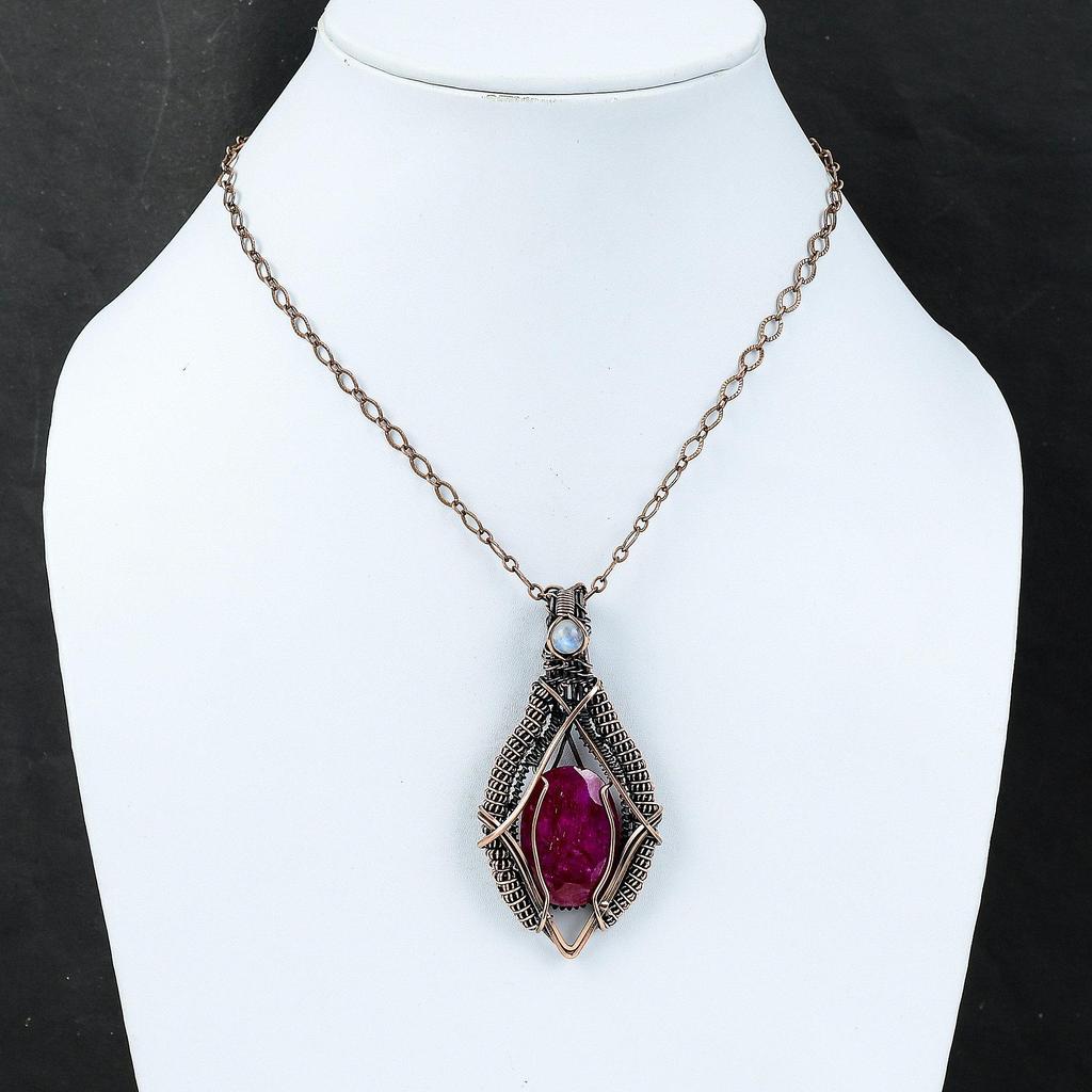 Граненый кашмирский рубиновый кулон, медная проволока, кулон, антикварные ювелирные изделия ручной работы, кулон с радужным лунным камнем, драгоценный камень, медные украшения для подарка