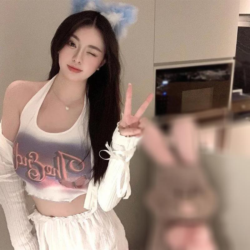 Летняя женская майка с лямкой на шее Y2K и принтом, облегающий топ без рукавов и открытой спины, милая женская футболка, топы без рукавов