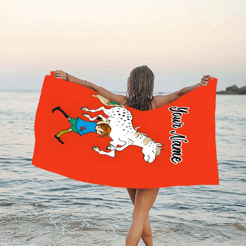 1pc Pippi Longstocking1 Beach Towel with Custom Name, Beach/Swimming/Bath/Picnic/Camping Towel, Suitable for Seaside Beaches