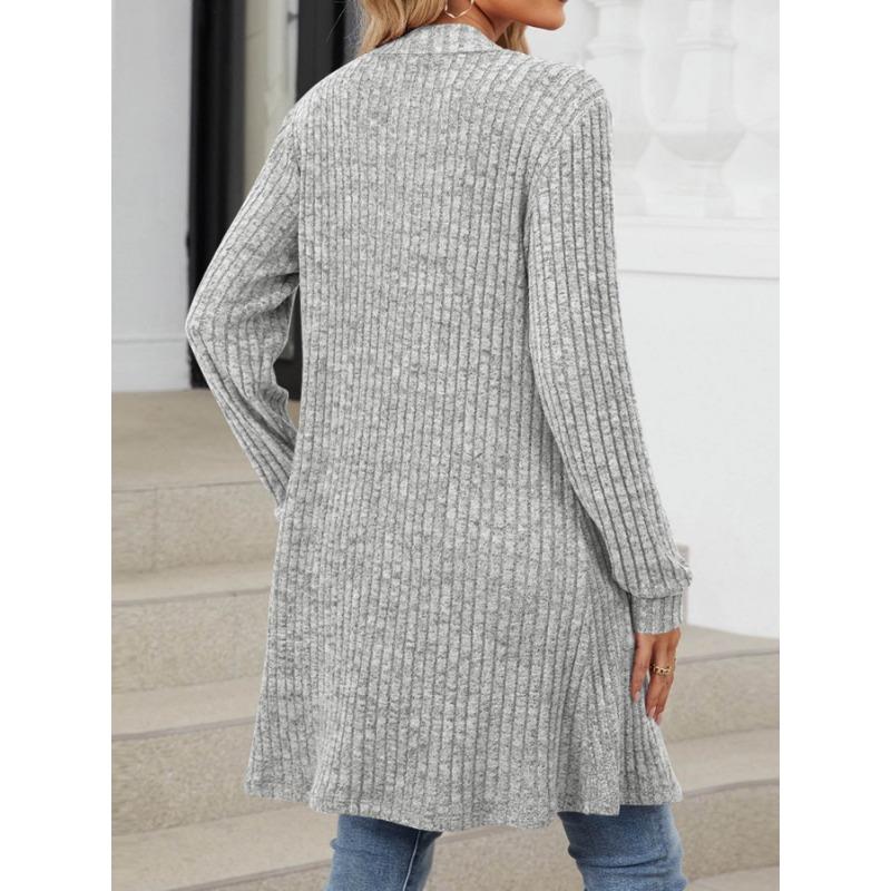 Женская осенне-зимняя длинная однотонная куртка-кардиган с длинным рукавом и свободными карманами