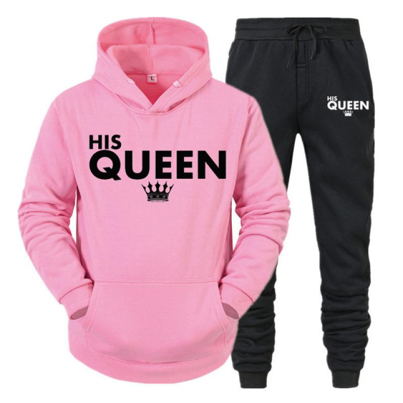 Lover Outfit Her QUEEN or His KING Printed Tracksuits Couple Hoodies Suits Hooded Sweatshirt and Sweatpants Two Piece Set S-4XL