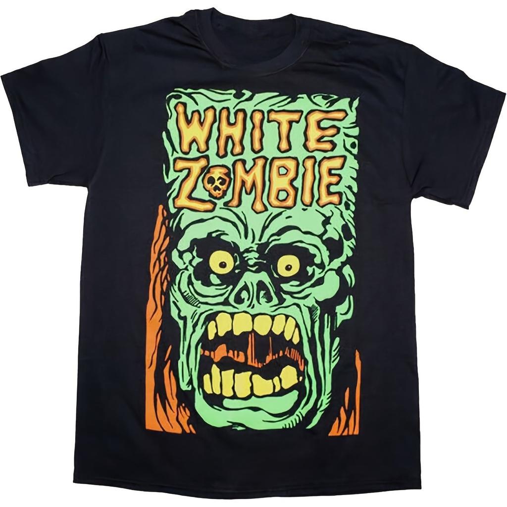 Vintage White Zombie Band Graphic Print Short Sleeve Black T-Shirt for Men Casual Round Neck Tee with Bold Skull Design