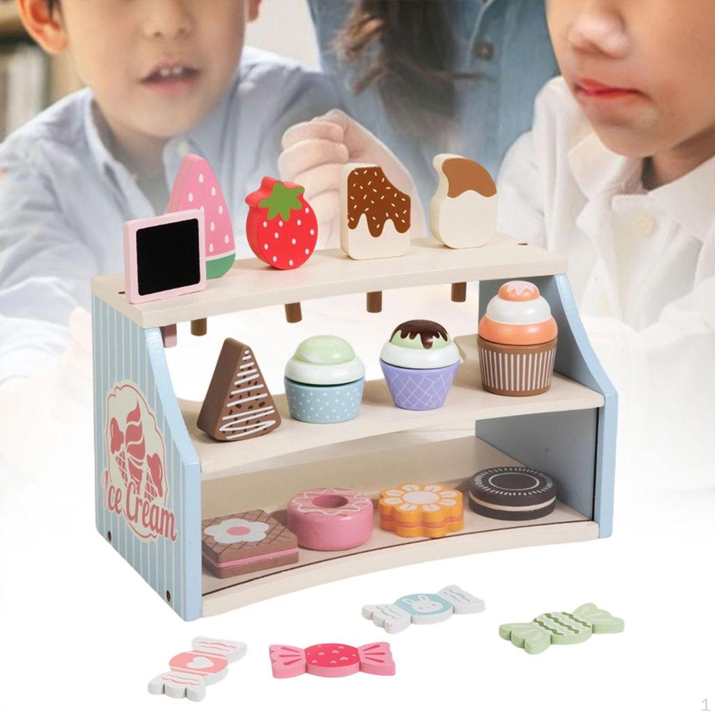 Play Desserts Food Set Pretend Kitchen Toy Education with Wooden Stand Toys Ice