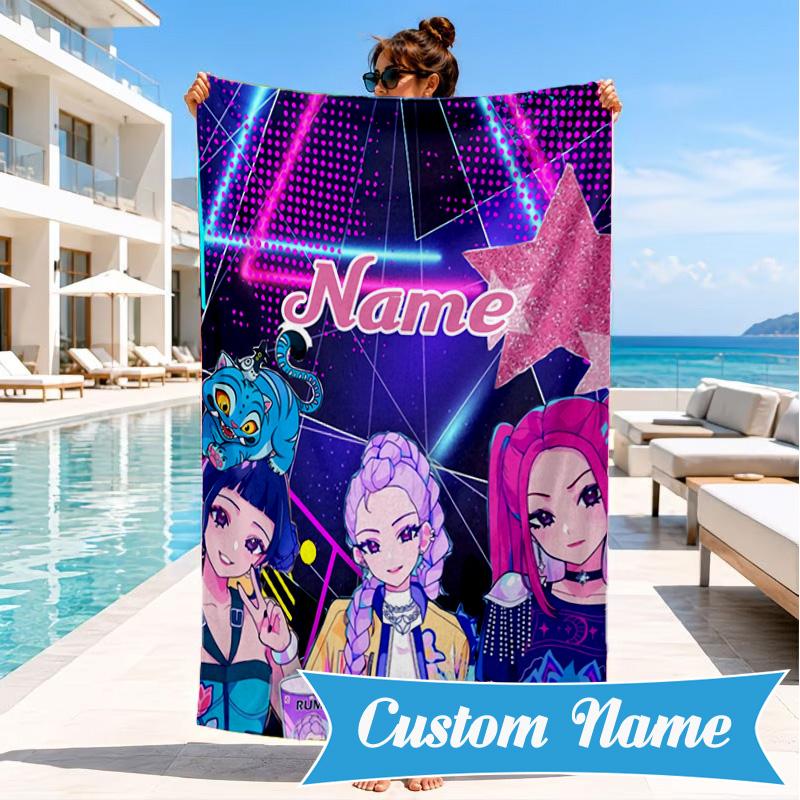 Custom Name KPop Cartoon Beach Towel Microfiber Beach Towel, Lightweight and Quick-Dry, for Summer Travel, Swimming Pool Gift