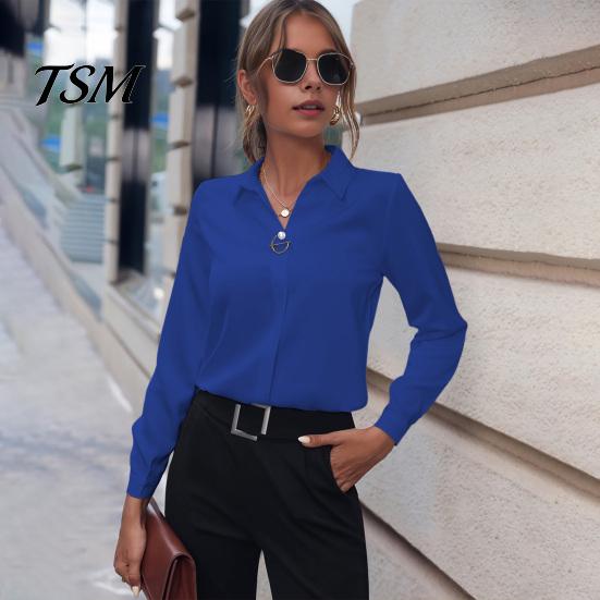 Natural Feel Women Top Shirt Lapel Long Sleeve Faux Pearl Decor Regular Fit Solid Color Simple Lightweight Blouse