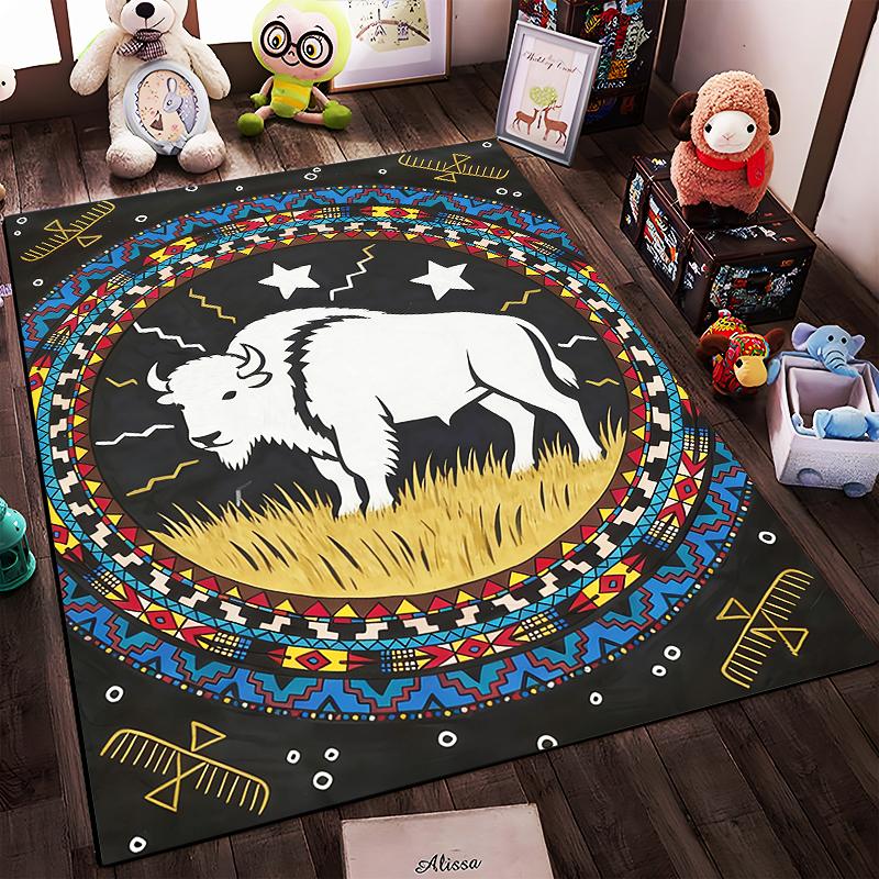 Tribal White Buffalo Rug with Geometric Patterns and Black Background Suitable for use as an anti-slip for living room bedroom sofas