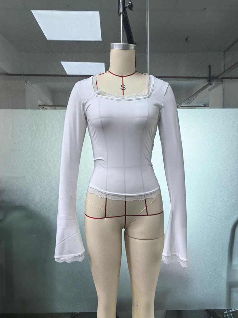 2025 Autumn/Winter Sexy Ribbed Lace-Trimmed Long-Sleeve U-Neck Top