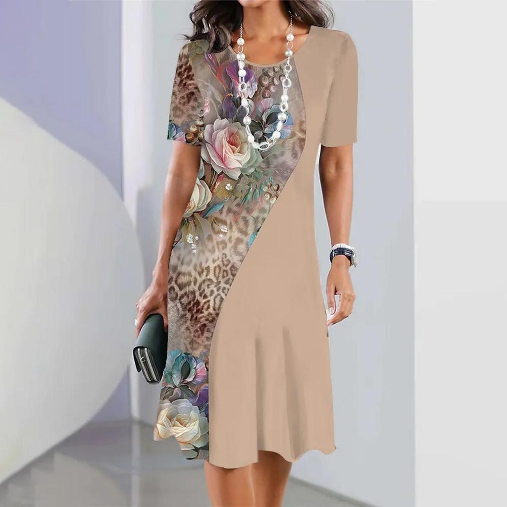 Платье с круглым вырезом и цветочным принтом, облегающее талию, элегантное платье для женщин, свободные платья с коротким рукавом, повседневное платье