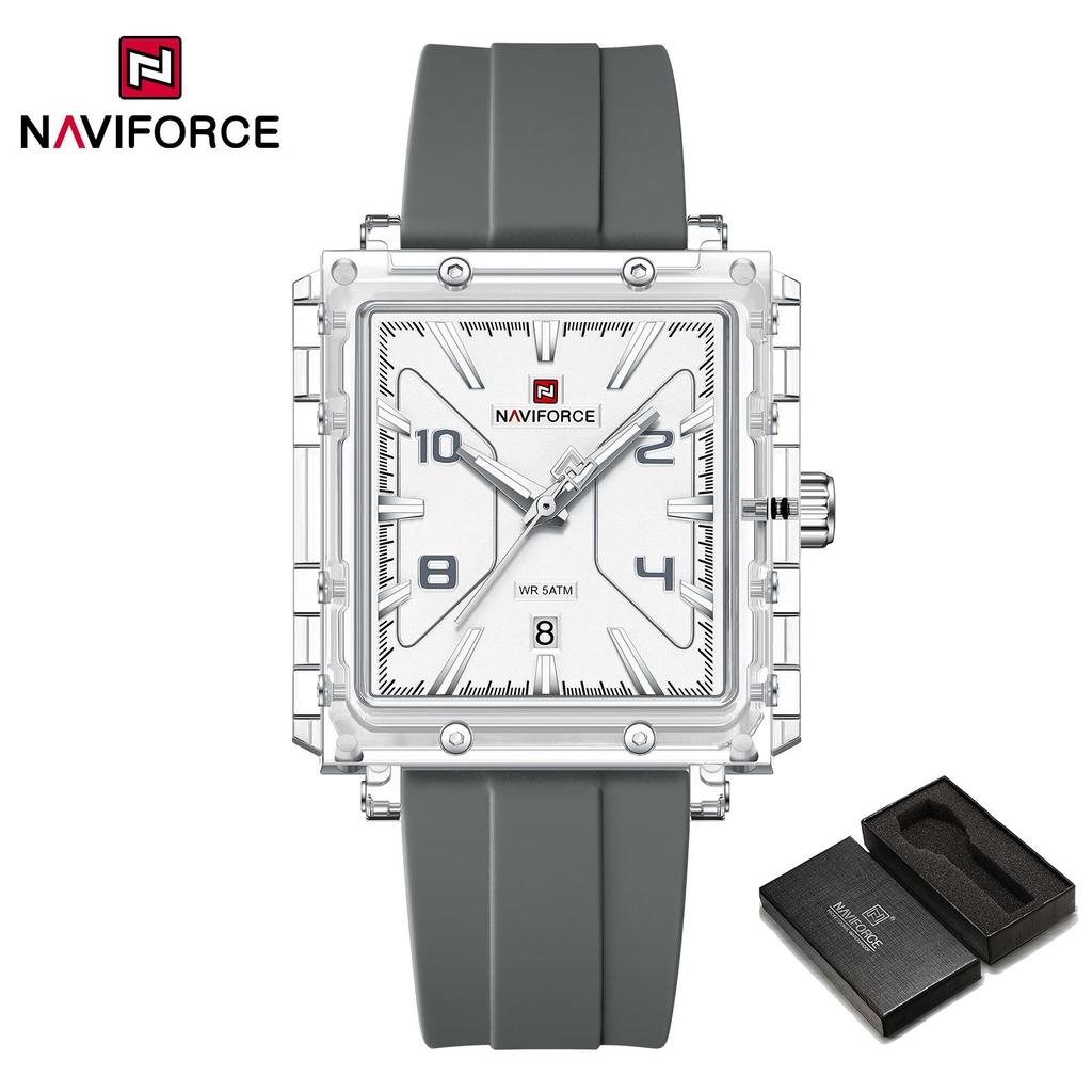 Naviforce Оригинальные мужские часы Легкий пластиковый корпус Силиконовый ремешок Водонепроницаемость 50 м Люминесцентные стрелки Квадратные Мужские Модные Повседневные Часы NF6112