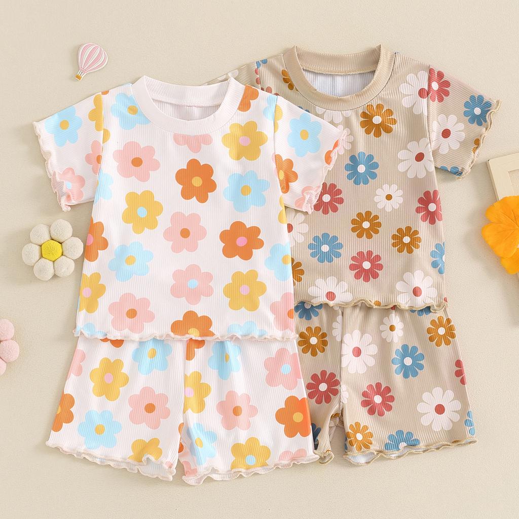 Baby Girl Summer Outfits Colorful Floral Print Short Sleeve Tops + Shorts Set Infant 2Pcs Clothes