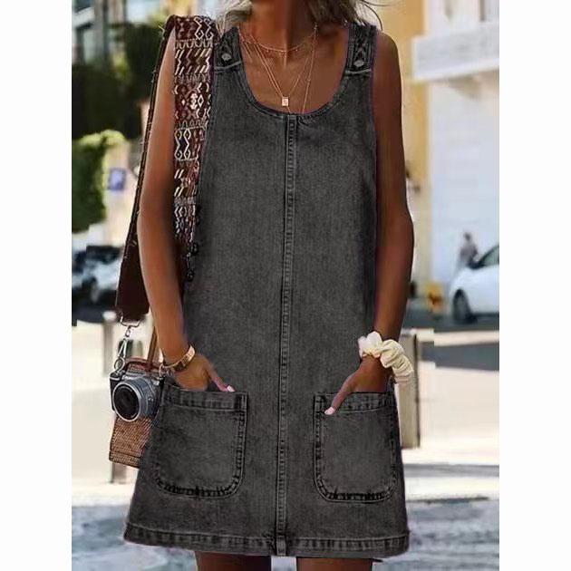 Модное джинсовое платье Дышащее платье на подтяжках Летнее джинсовое платье чистого цвета, прикосновение к коже