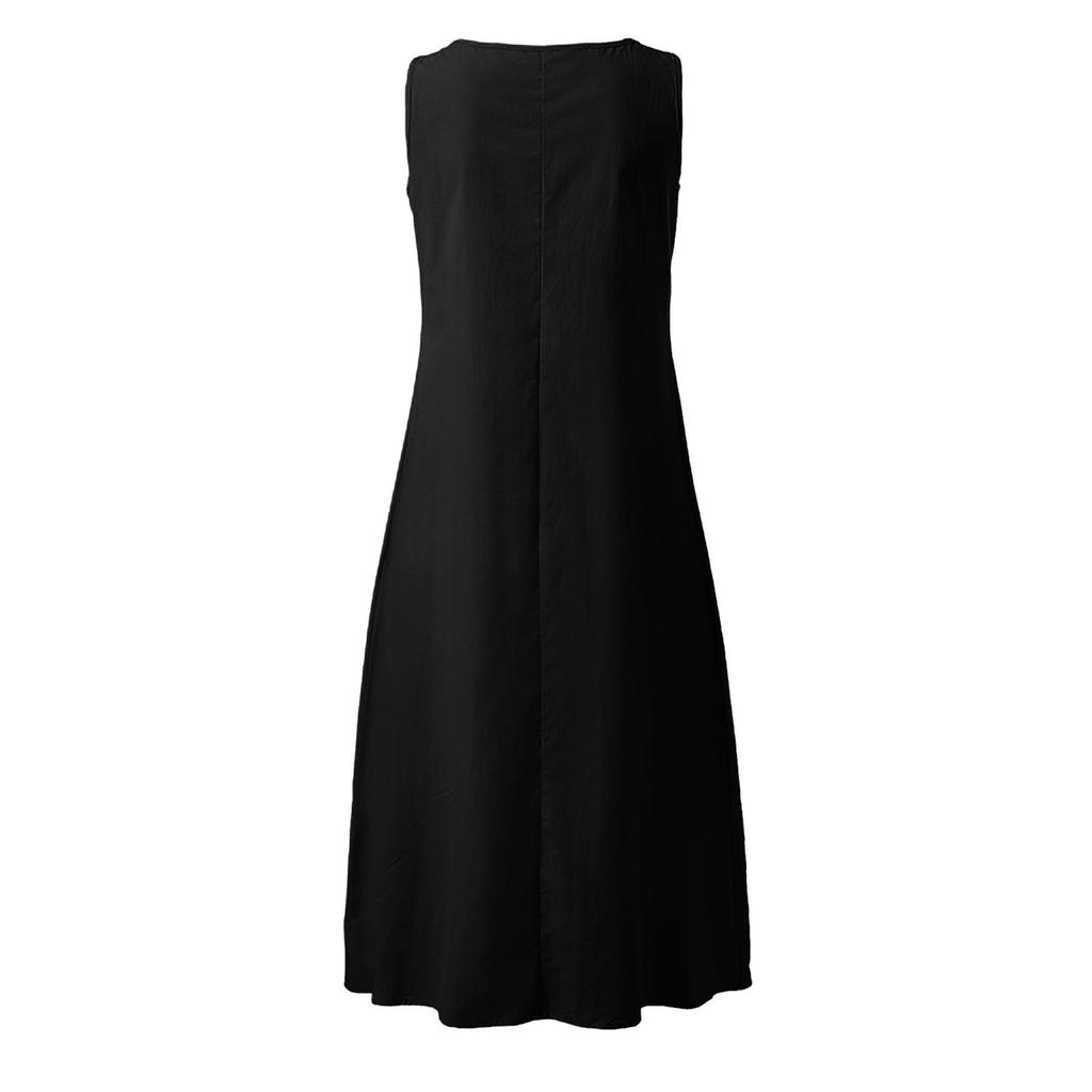 Женское летнее однотонное пляжное праздничное платье с круглым вырезом и большим карманом макси-платья