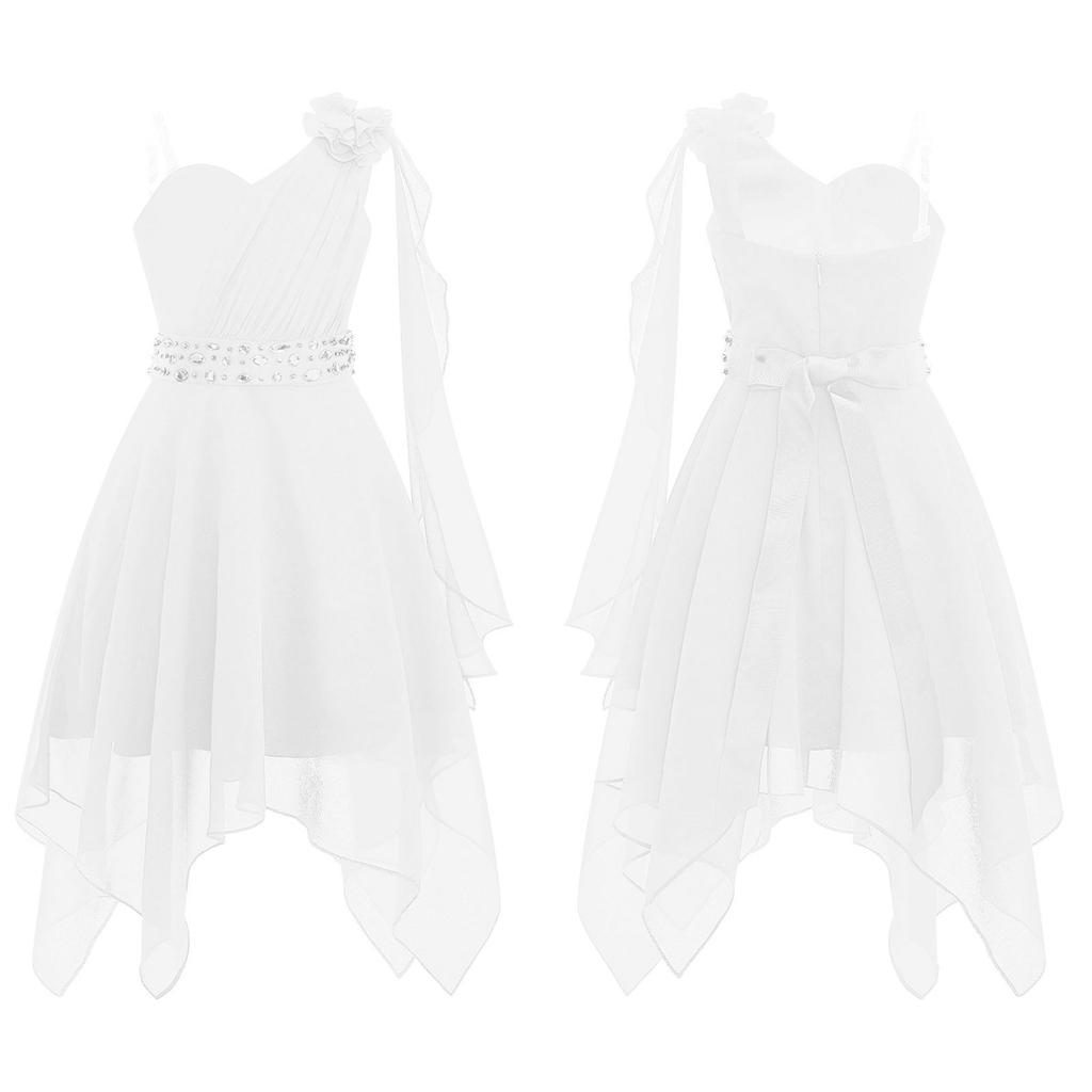 Детское платье с цветочным узором для девочек, шифоновое летнее платье принцессы на одно плечо, свадьбу, день рождения, с блестящим поясом из бисера