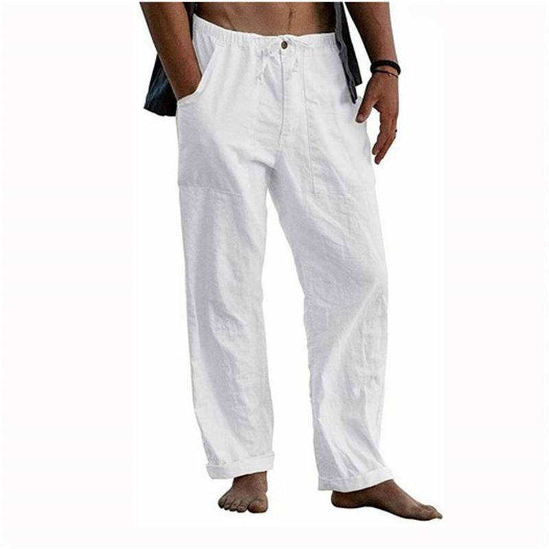Мужские летние пляжные удобные дышащие свободные хлопковые льняные брюки для йоги, эластичные брюки на шнурке