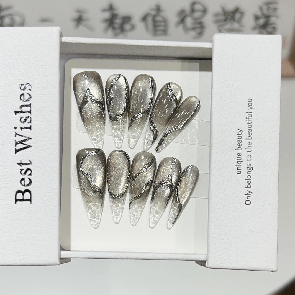 10Pcs Handmade Cat Eye Gradient Long Coffin Stiletto Press On Nails With Glitter Diamond Pearl Flower Bowknot Decorations