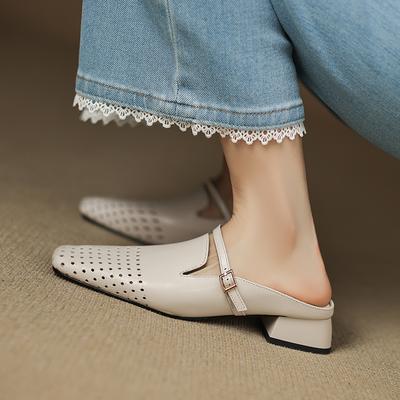 Мода 2025 Лето Женская обувь Натуральная кожа Квадратный носок Женские сандалии Сквозные дышащие сандалии для женщин Массивный каблук Мюли